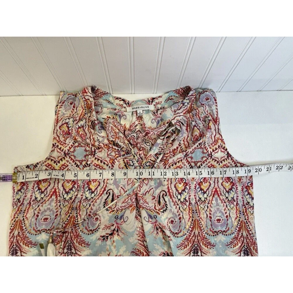 Rose & Olive Sleeveless Peasant Style Blouse, Tie Neck,‎ Gorgeous Colors, Sz Med - Picture 9 of 11